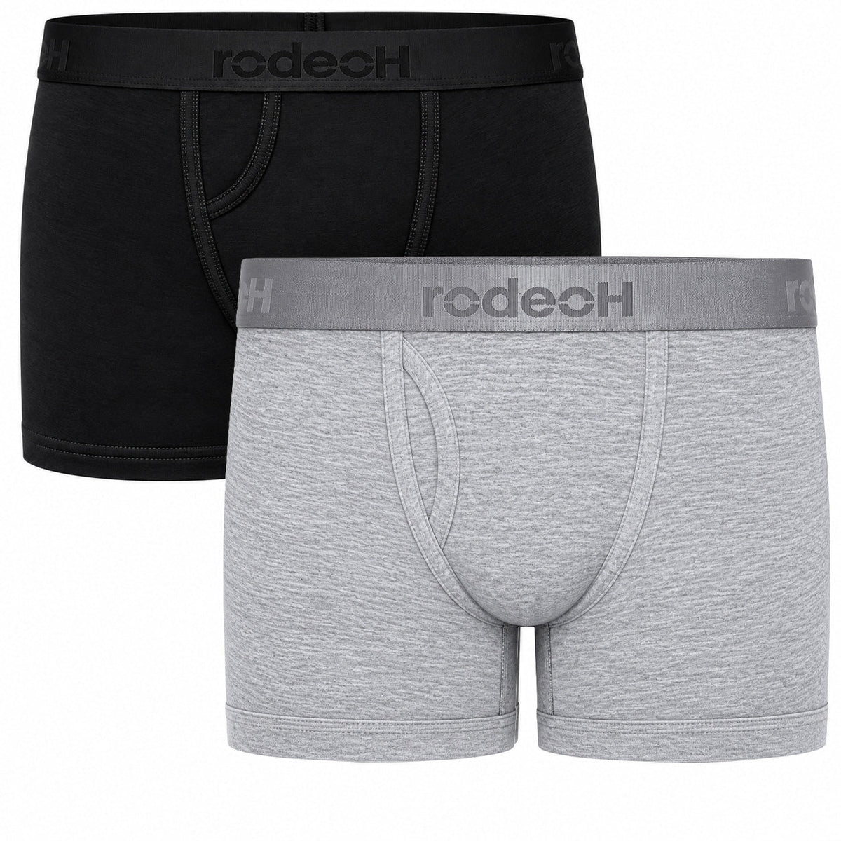 Both pairs are arranged in a clean, overlapping catalog layout, with refined fabric texture, defined pouch seams, crisp stitching, and tonal rodeoH waistbands against pure white.