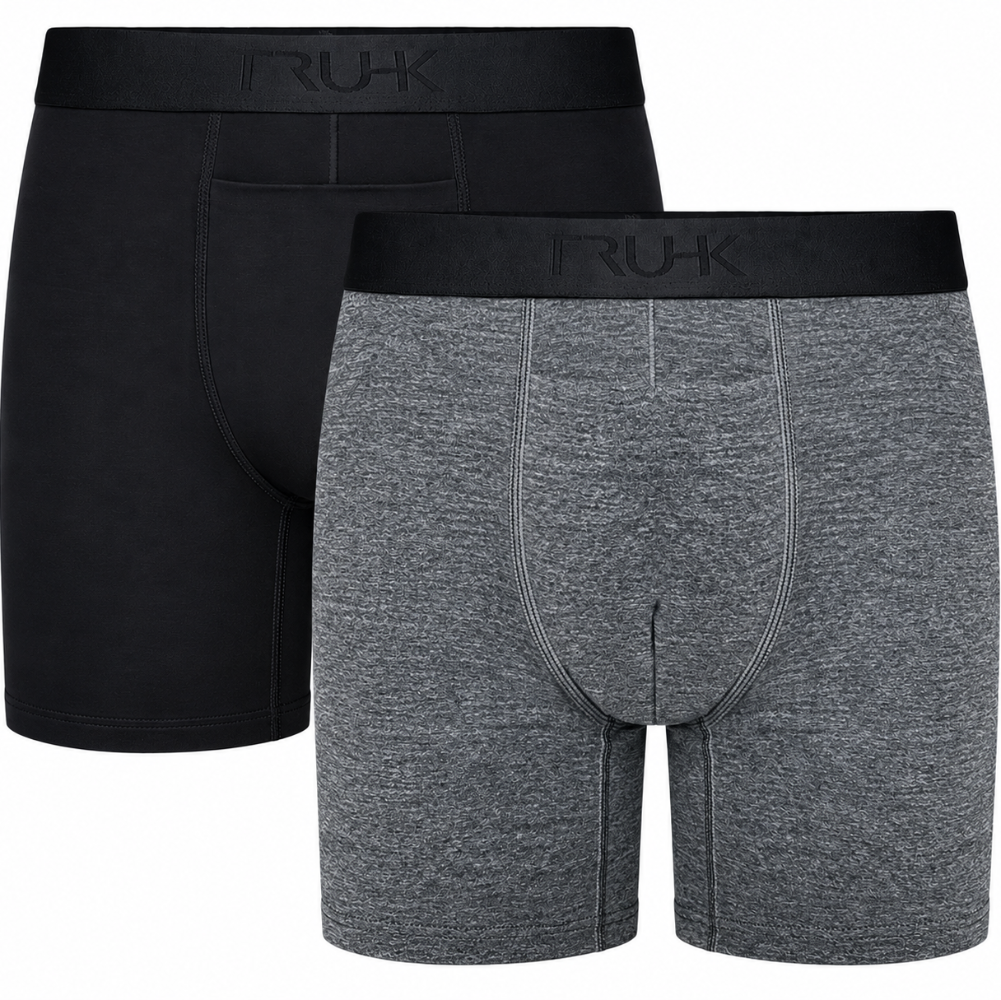 TRUHK High Rise Boxer packing underwear 2 pack, one black and one heather gray
