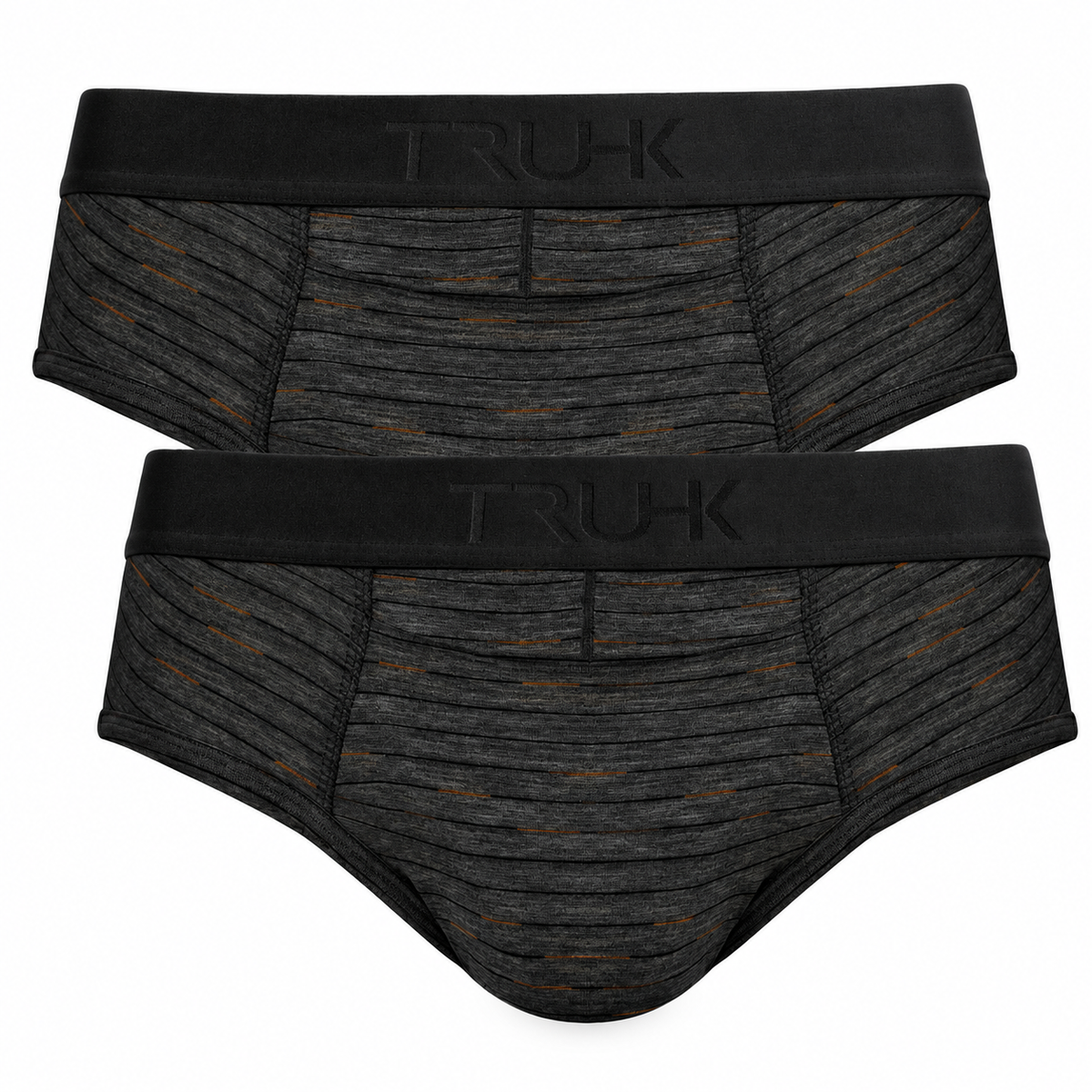 2-pack of TRUHK dark gray packing briefs with black embossed waistbands and subtle orange stripe details, displayed on a white background.