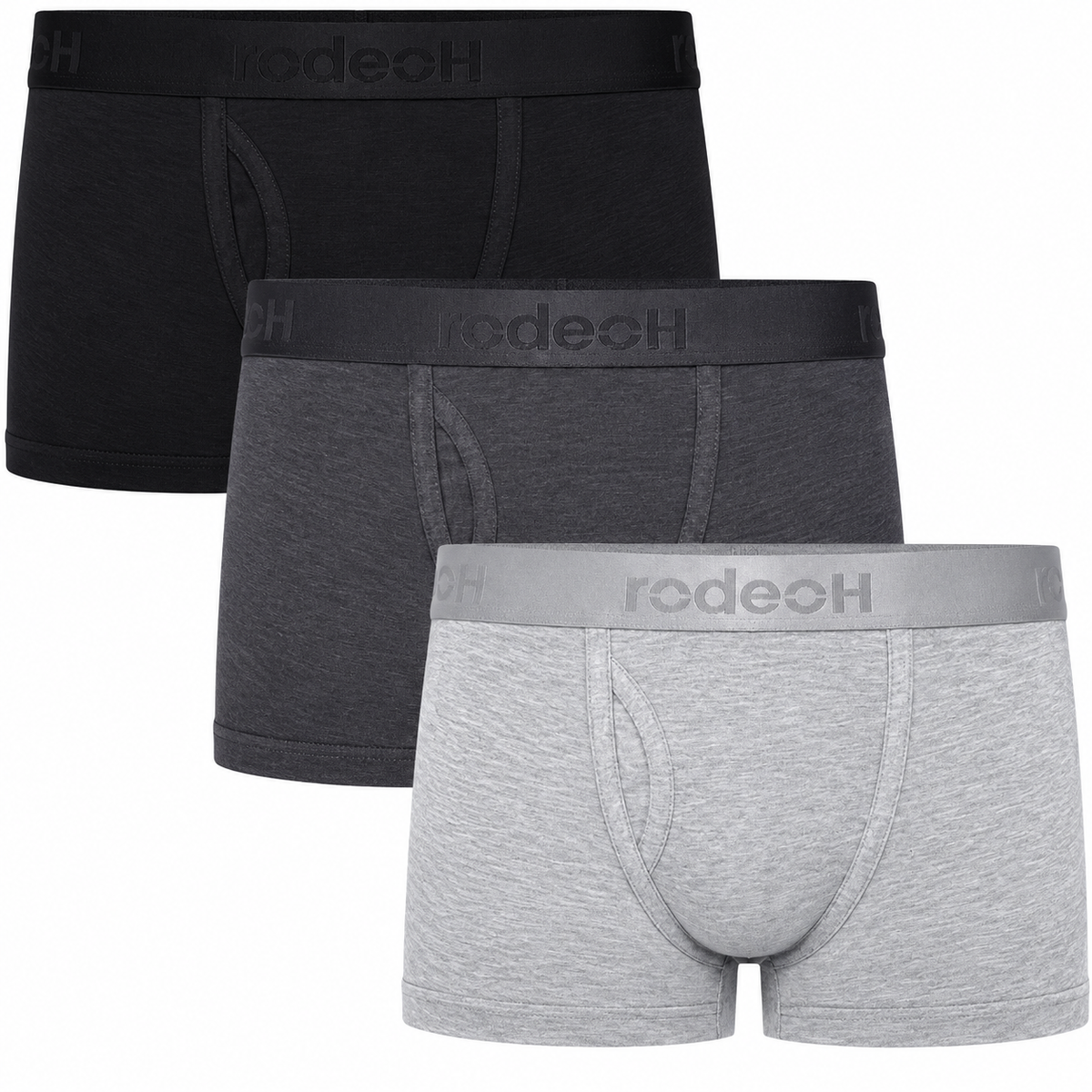 RodeoH Shift Short Packer Underwear 3 pack in light gray, gray and black, stacked, from the front