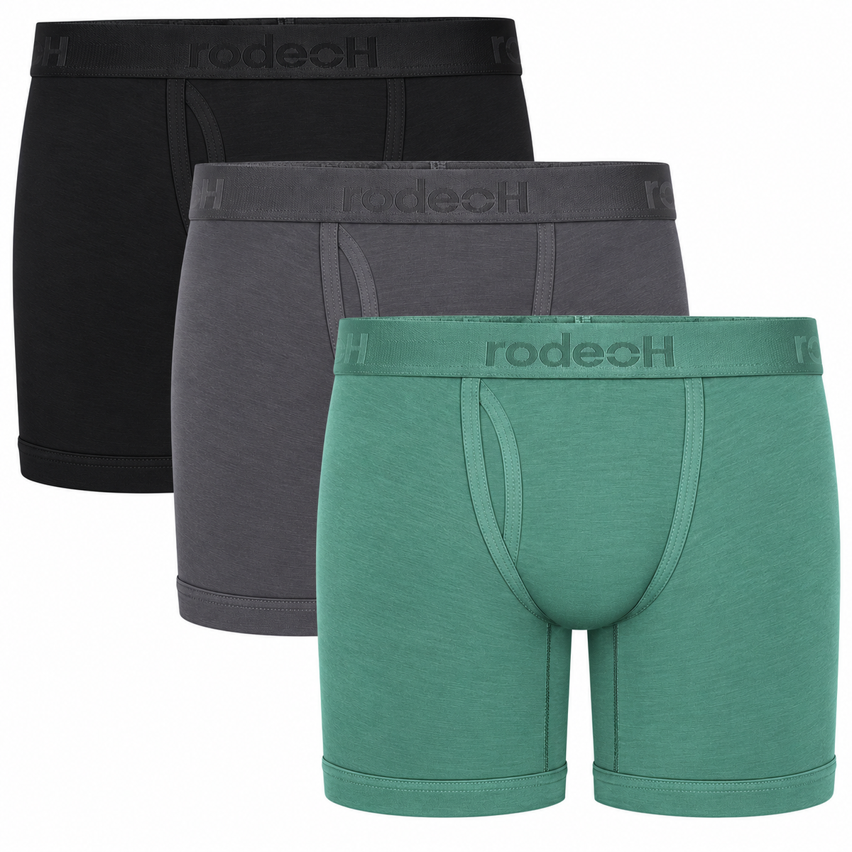 RodeoH Shift 6" Boxer Packer Underwear Pacific Calm 3 pack: black, gray and sage green boxers stacked, from the front