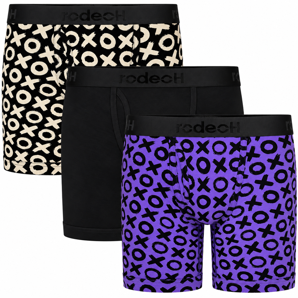 RodeoH Shift 6" Boxer Packer Underwear XOXO 3 pack, stacked, from the front