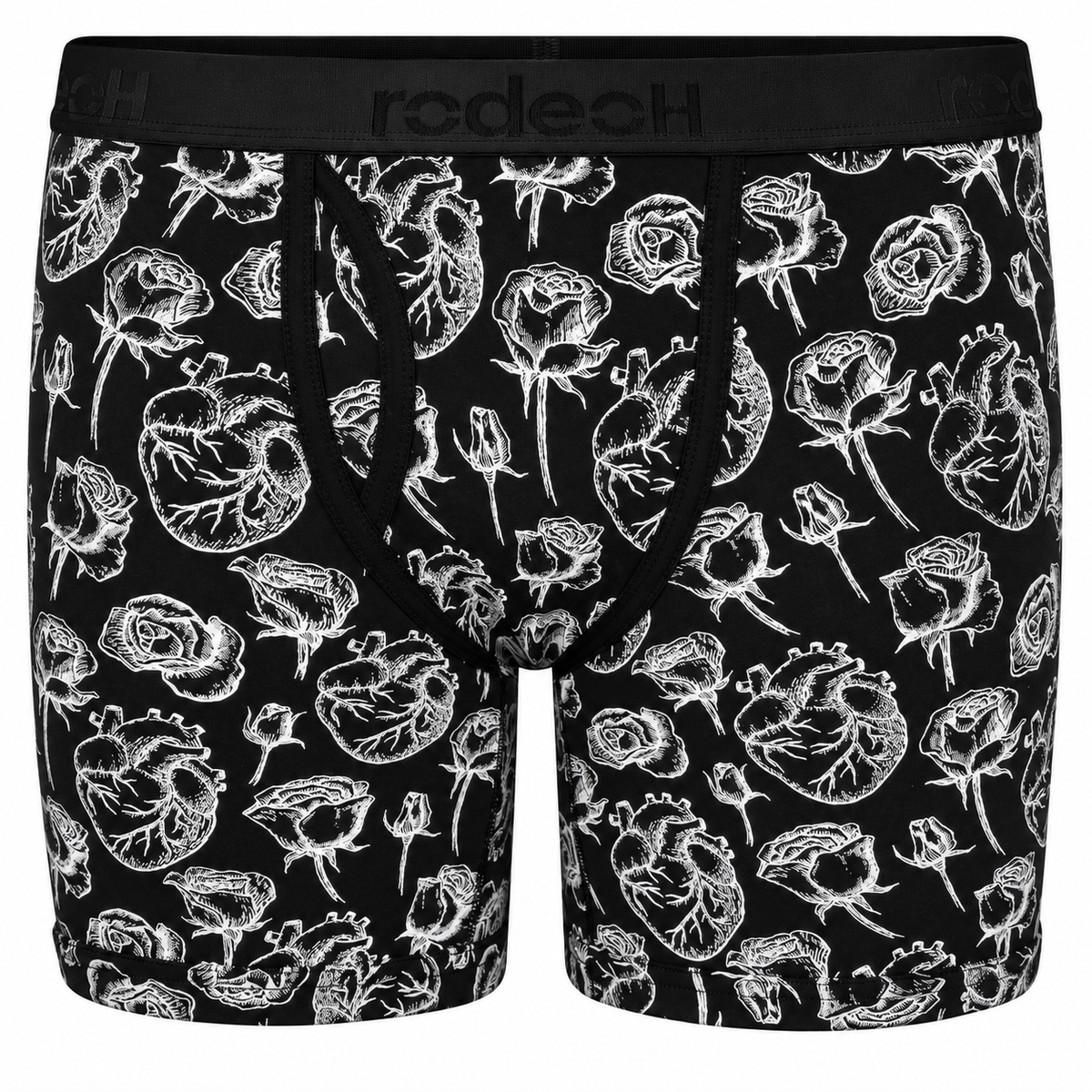 Black boxer briefs with a white anatomical rose pattern, featuring a black elastic waistband with the brand name 'rodech' printed on it.