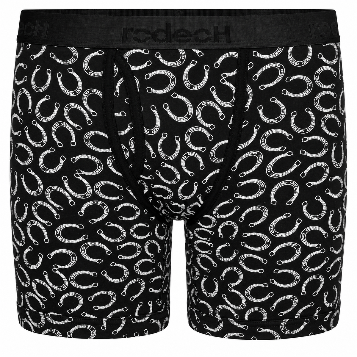 Black boxer briefs with an all-over white horseshoe pattern and a black elastic waistband featuring the 'rodech' brand name.
