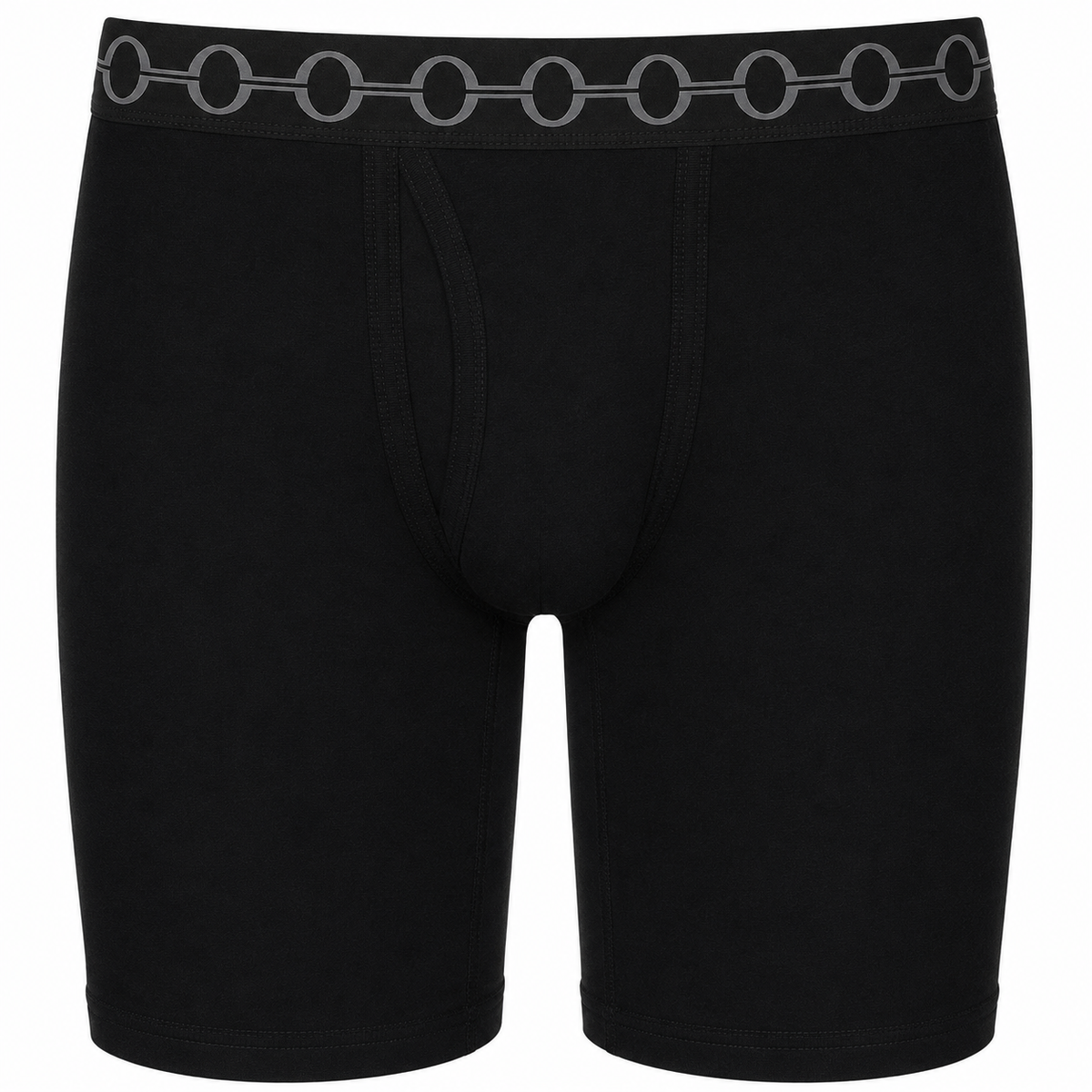 Black unisex boxer briefs with a distinctive gray chain-link pattern along the waistband, shown on a plain white background.