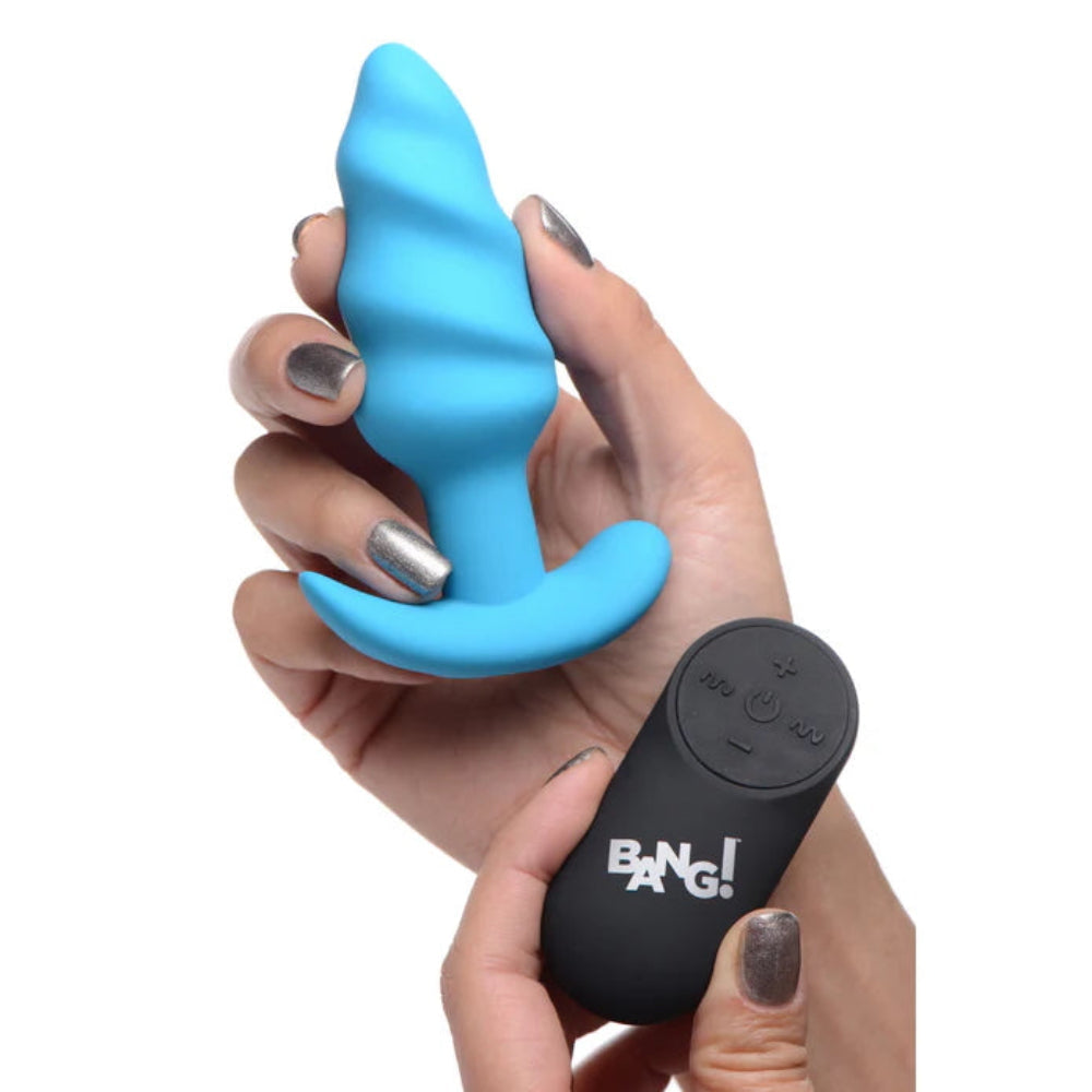 Bang! 21x Vibrating Silicone Rechargeable Swirl Butt Plug - Remote Control - Blue