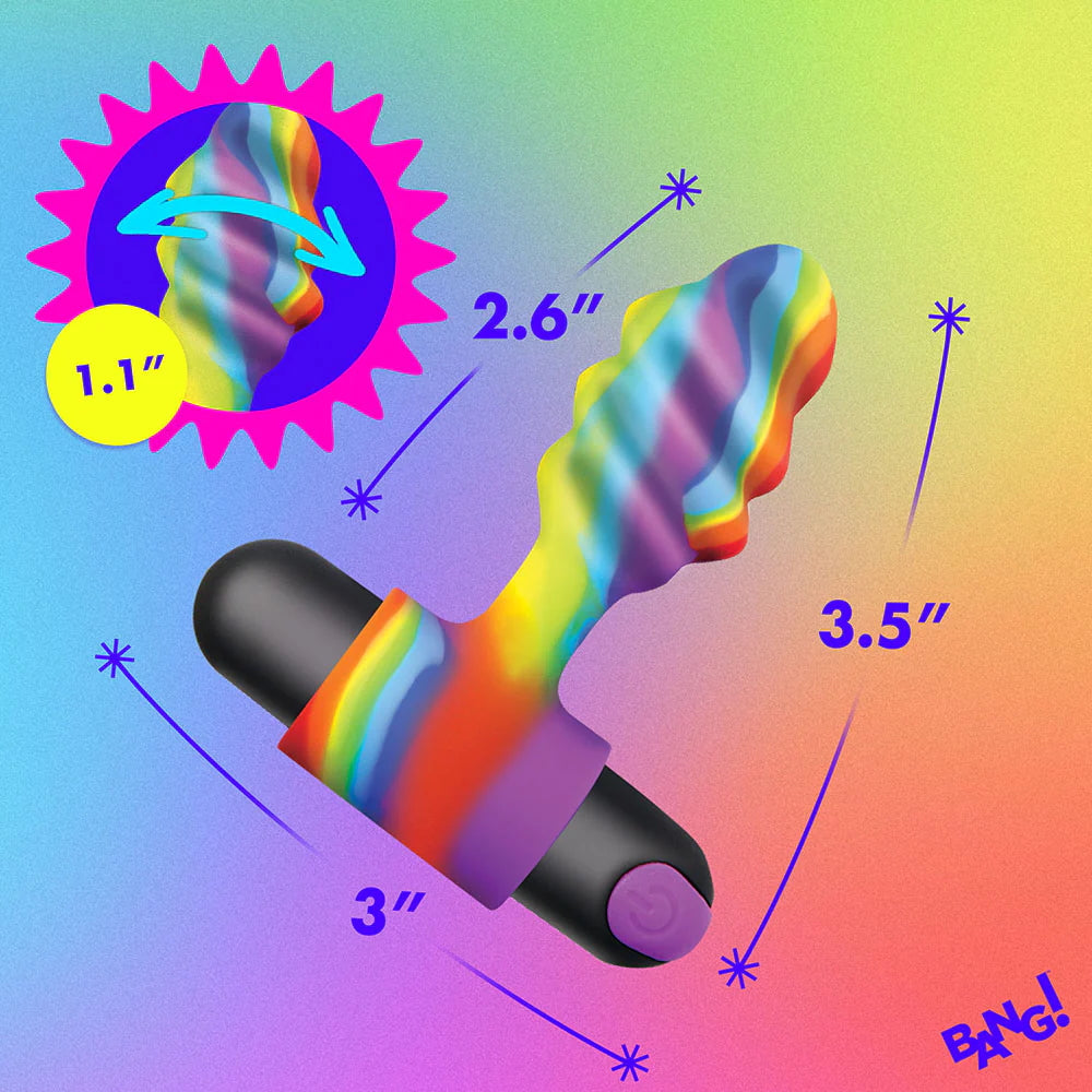 Bang! Vibrating Silicone Rechargeable Swirl Butt Plug  - Rainbow Multicolor with measurements on a colorful gradient background