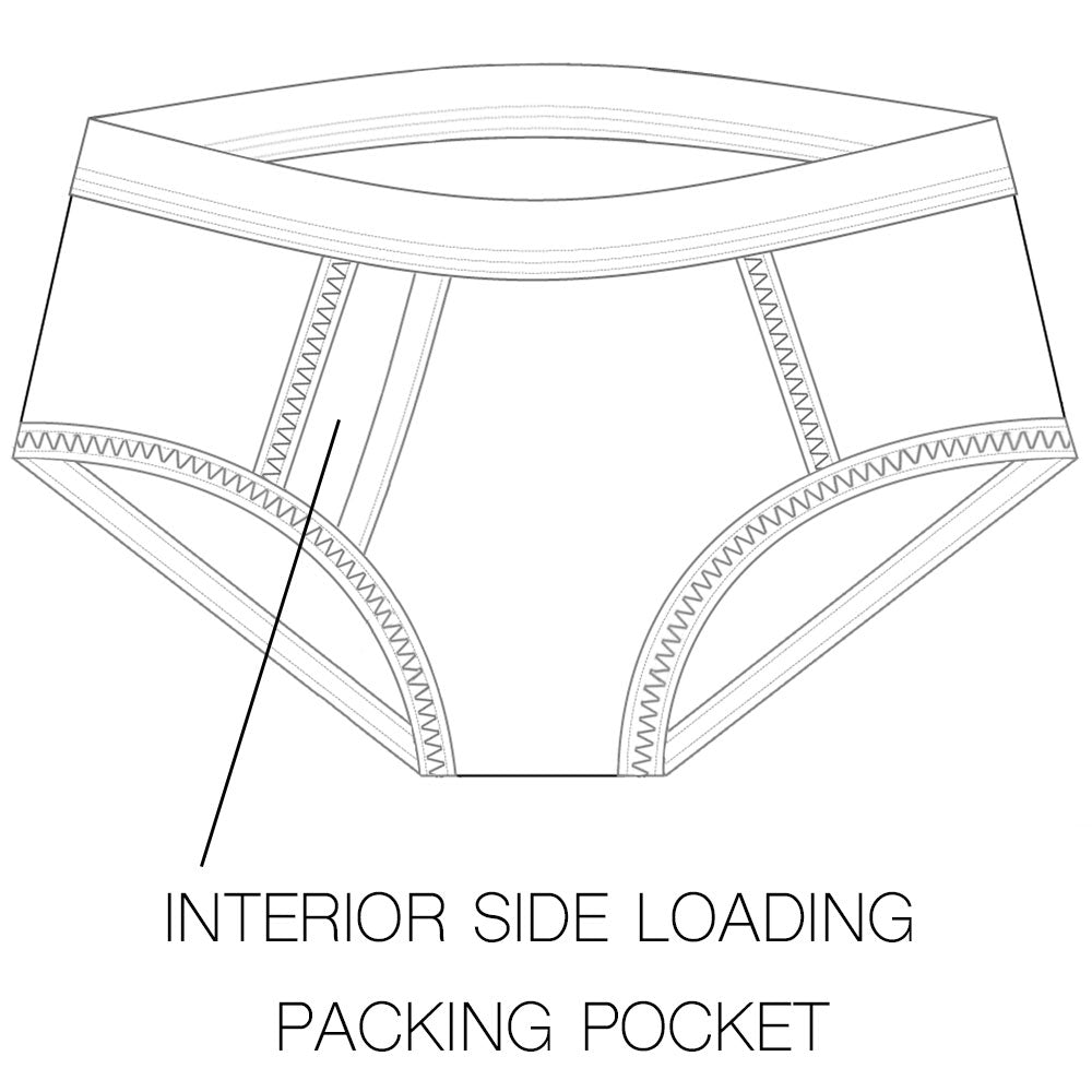 Technical drawing of a underwear with an interior side loading packing pocket