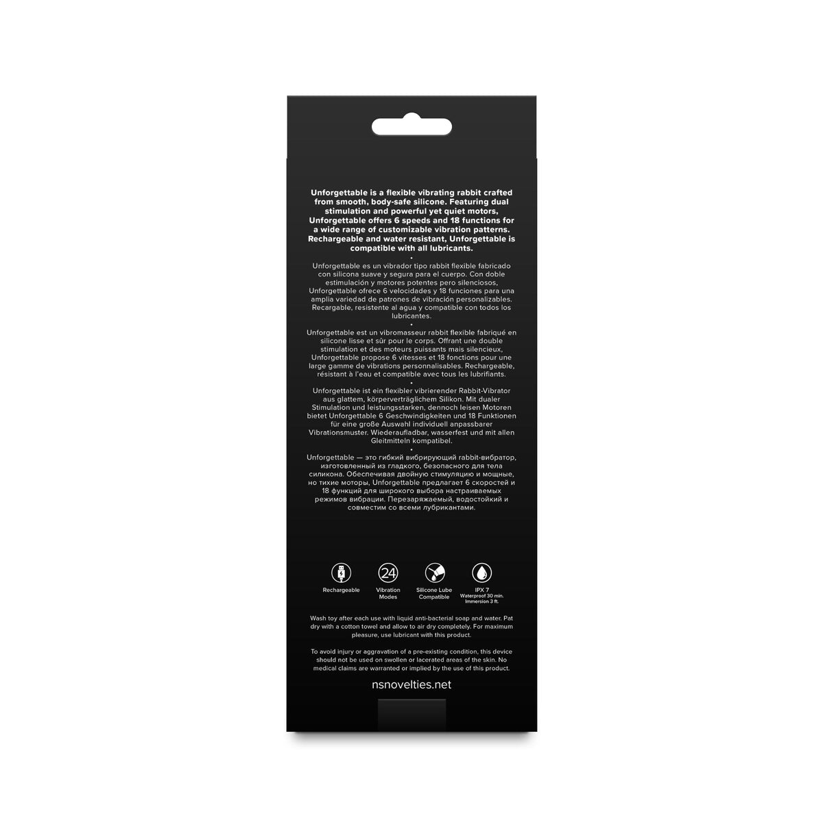 The back of a black rectangular product package with a hanging tab at the top, featuring white text in English and German, small icons, and the website novovilles.net at the bottom, shown on a plain white background.