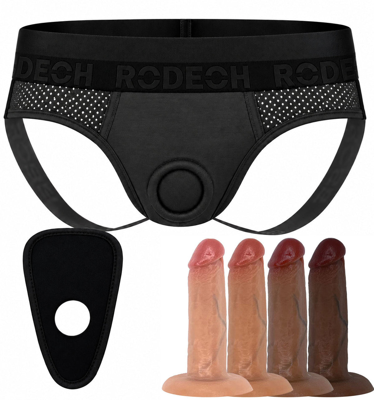 Jock Harness in black and gray with the 5.5 inch SoReal Posable dildo, package deal
