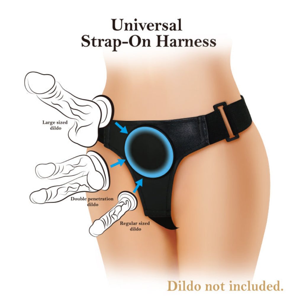 Black Adjustable strap dock style strap on harness with suction plate for dildos form the front on a body with sketches od different dildos than can be used with the dock harness