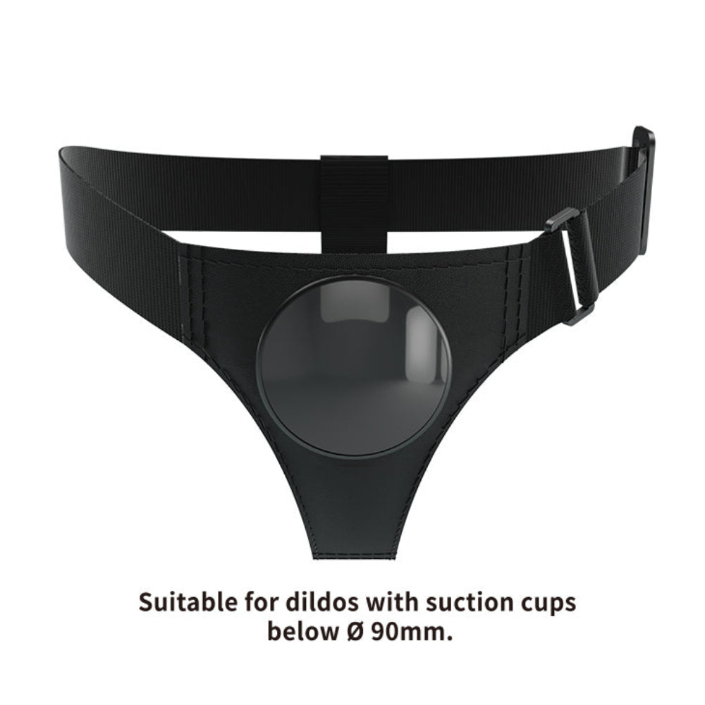 Black Adjustable strap dock style strap on harness with suction plate for dildos form the front 