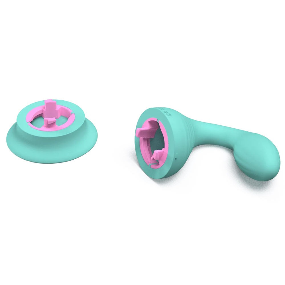 Banana Split dollop vibrator with its included suction base for stand alone use, disconnected, to show interior locking mechanism