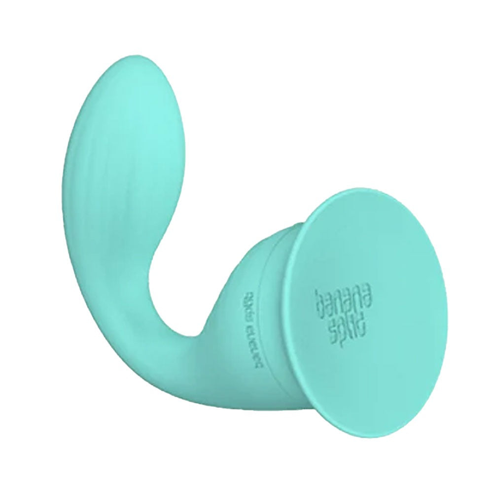 Banana Split dollop vibrator with its included suction base for stand alone use