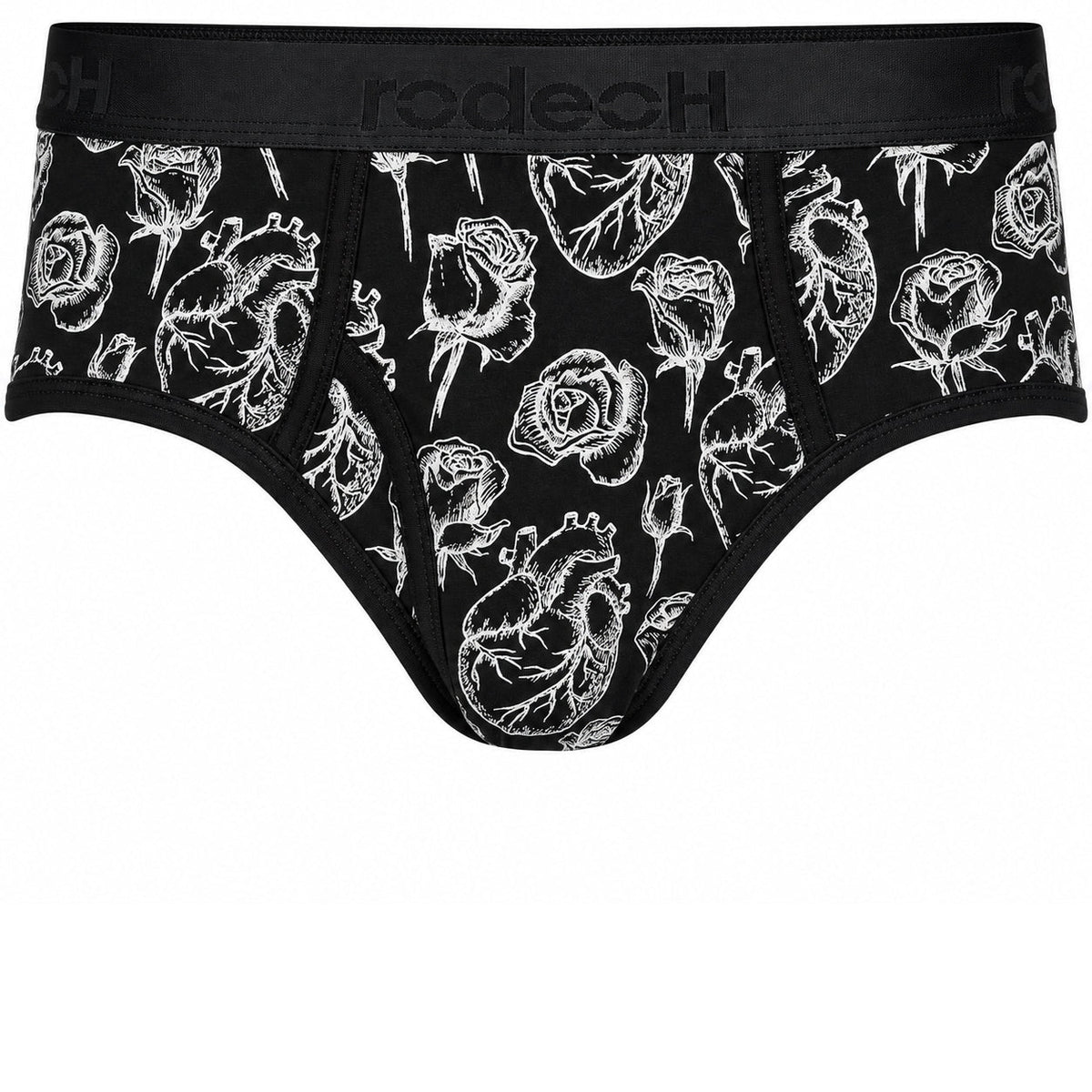 RodeoH Top Loading Brief Packer Underwear in black Hearts & Roses print, front view