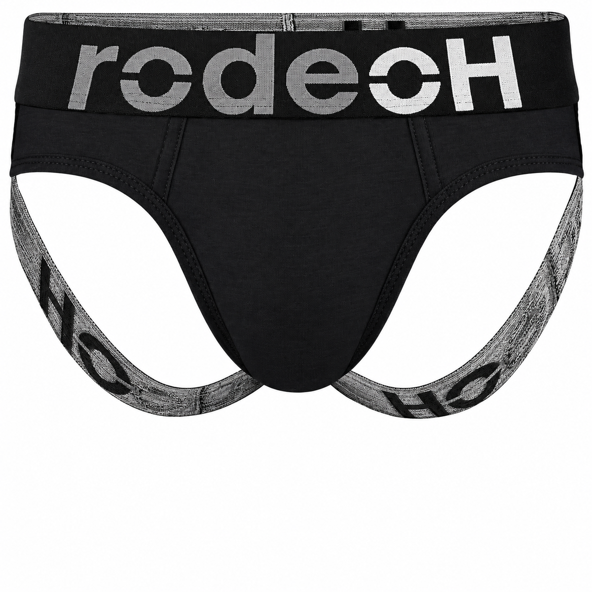 RodeoH Shift Jock gender-neutral underwear in black with logo waistband, from the front