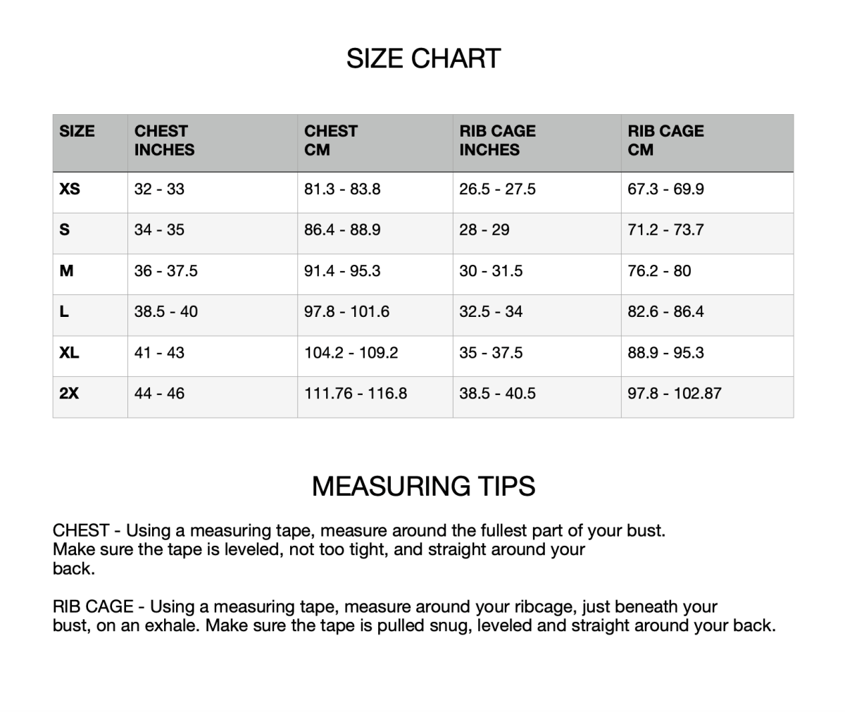 rodeoh compression top size chart