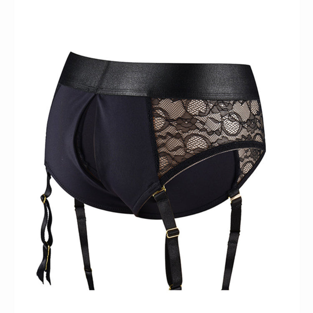 Crotchless open back lave panty harness with removable garter straps 3d view from the back