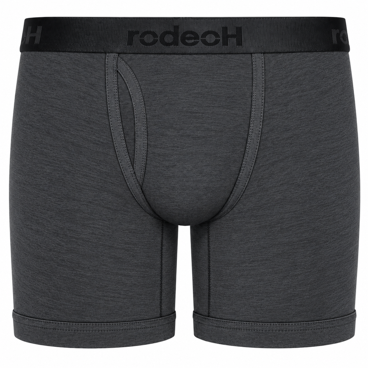 Dark gray heathered boxer briefs with a black elastic waistband featuring the brand name 'rodeoH' in black.