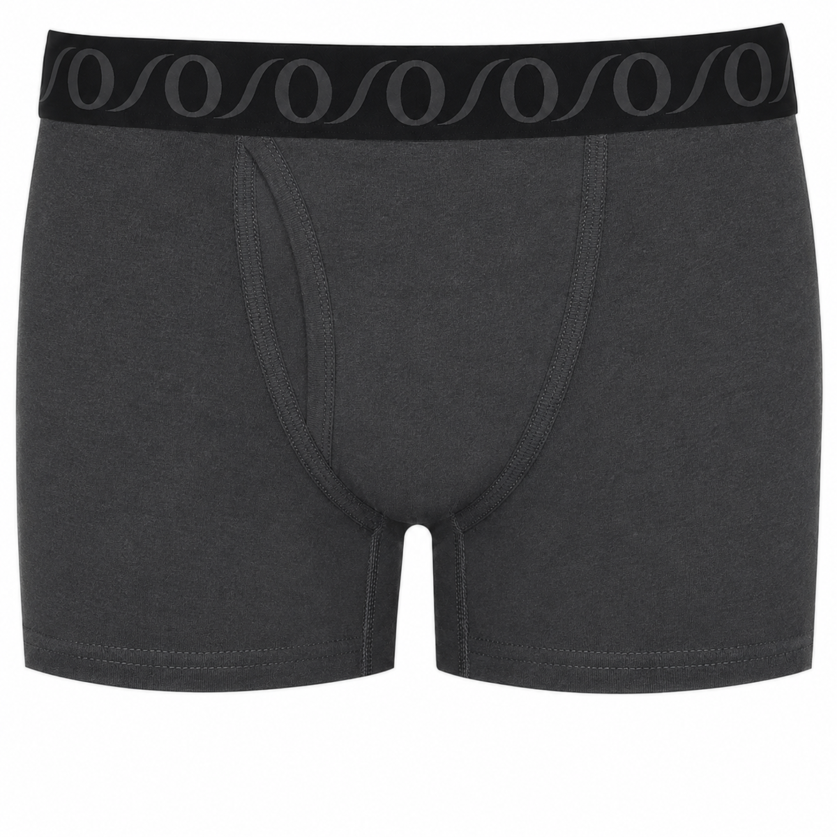 Dark gray top loading ftm packer boxer briefs with a black elastic waistband featuring a repeating gray wave pattern.