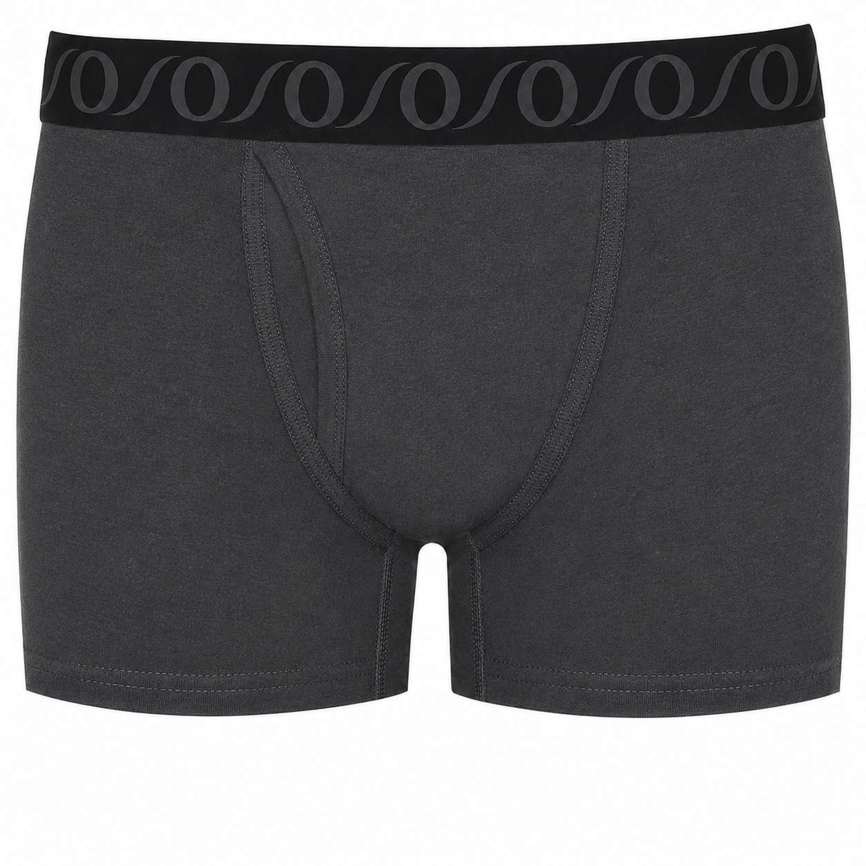 Dark gray top loading ftm packer boxer briefs with a black elastic waistband featuring a repeating gray wave pattern.
