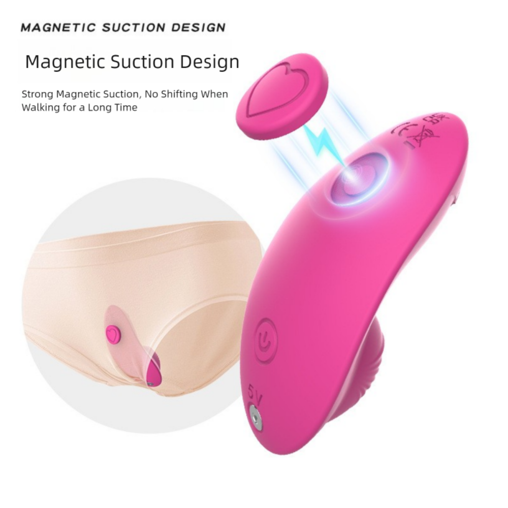 Heartbeat silicone pink remote controlled panty vibrator with magnetic  clip removed form vibe and sketch image of placement of heartbeat in a panty