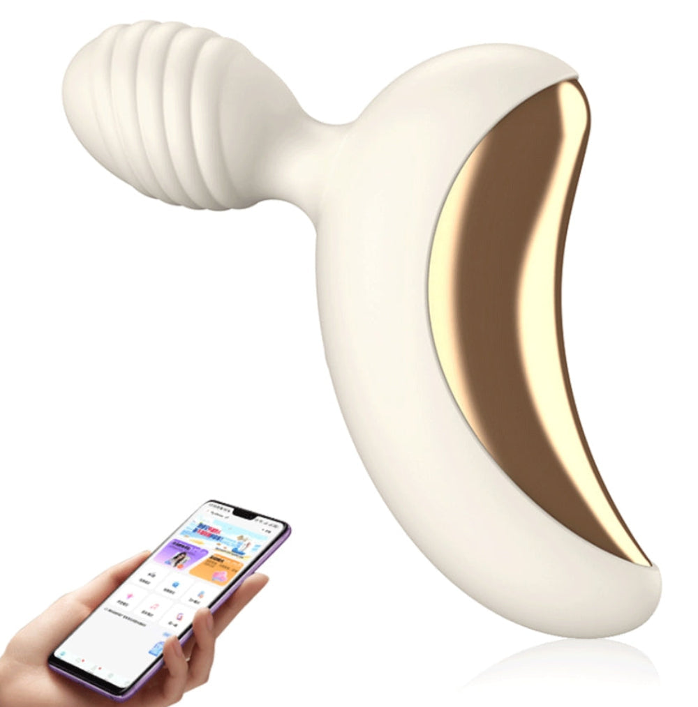 Lunar Curve silicone crescent moon shaped clitoral vibrator in white and gold with app control capability, from the side