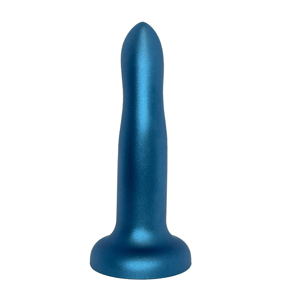 Nexus 6 inch rory silicone dildo in midnight blue metallic, sitting flat on its suction base, from the back with g spot curve facing away from the viewer