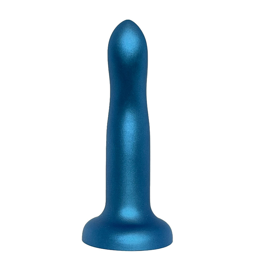 Nexus 6 inch rory silicone dildo in midnight blue metallic, sitting flat on its suction base, facing forward with g spot curve facing the viewer