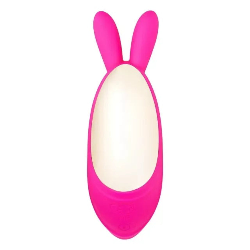 pink silicone bunny  shaped clitoral vibrator with licking tongue and vibrating ears from the back