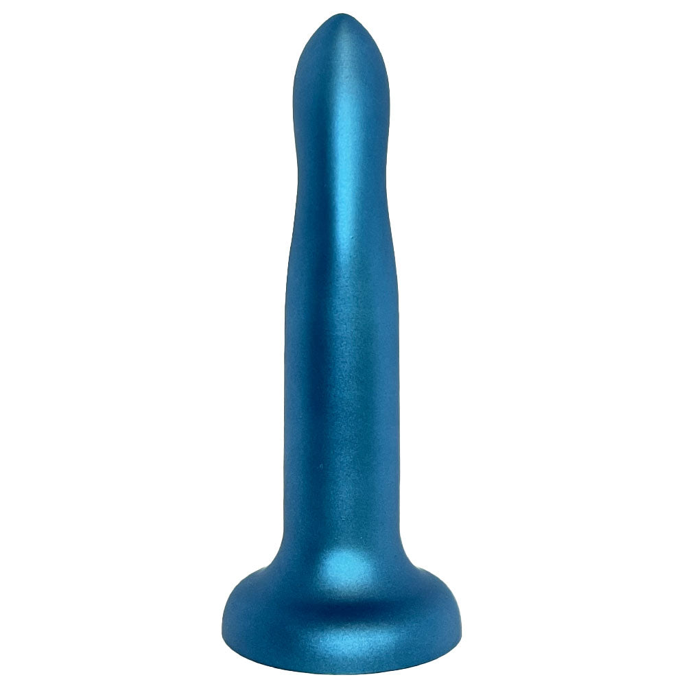 Nexus 7 inch rory silicone dildo in metallic midnight blue, flat on its suction base from the back with the g spot curve facing  away from the viewer