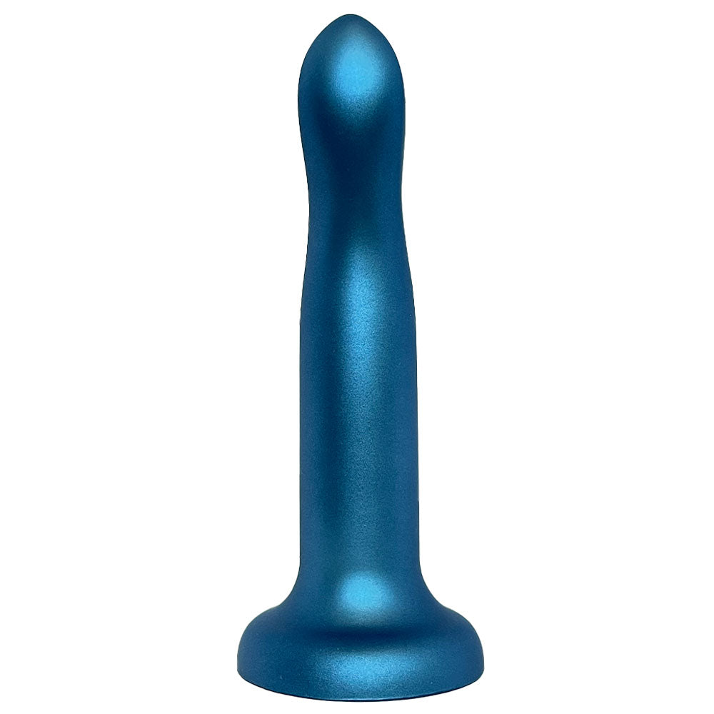 Nexus 7 inch rory silicone dildo in metallic midnight blue, flat on its suction base form the fort with the g spot curve facing the viewer