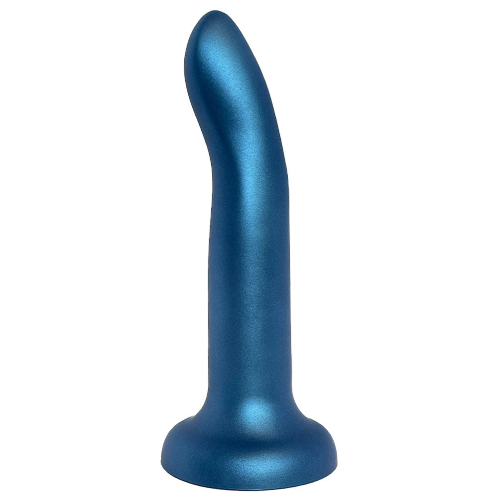 Nexus 7 inch rory silicone dildo in metallic midnight blue, flat on its suction base form the fort with the g spot curve facing the left