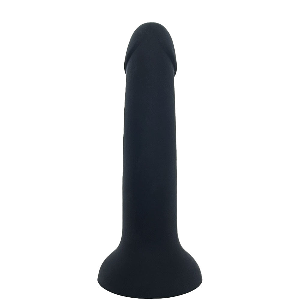 Nexus Sol silicone dildo in matte black finish, flat on it's suction cup base, from the side with the tip curved to the back, under shaft view