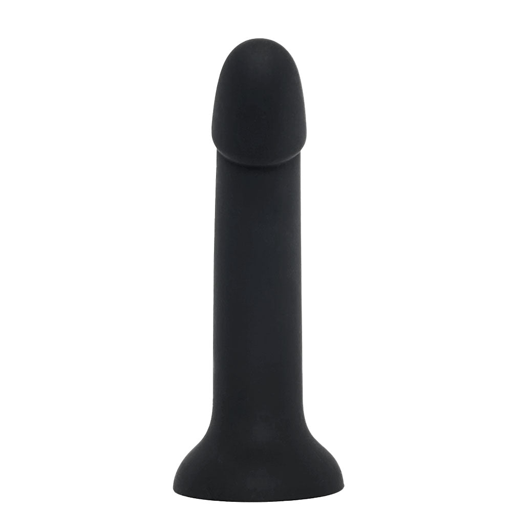 Nexus Sol silicone dildo in matte black finish, flat on it's suction cup base, from the side with the tip curved toward the front, top view