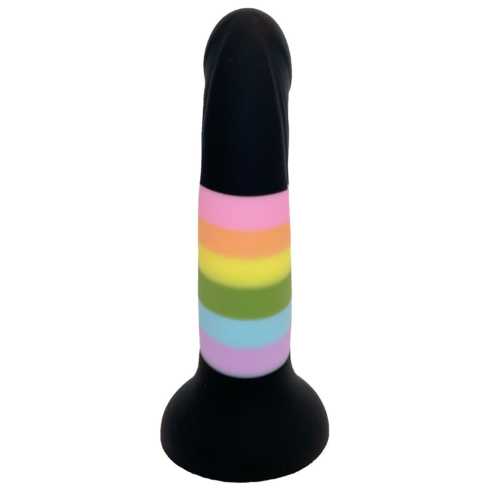 Nexus Silicone Tease ribbed dildo in black with rainbow stripes from the under shaft or back, flat on its suction base. 