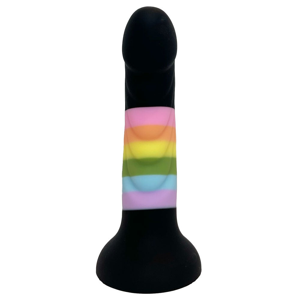Nexus Silicone Tease ribbed dildo in black with rainbow stripes from the top so the ridges are facing the viewer, flat on its suction base. 