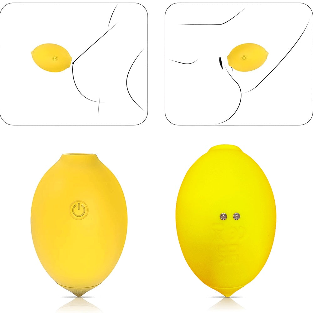 Nexus vibes lemon pucker sucking yellow silicone lemon shaped vibrator, showing the front and back, with graphic sketches  of potential usage