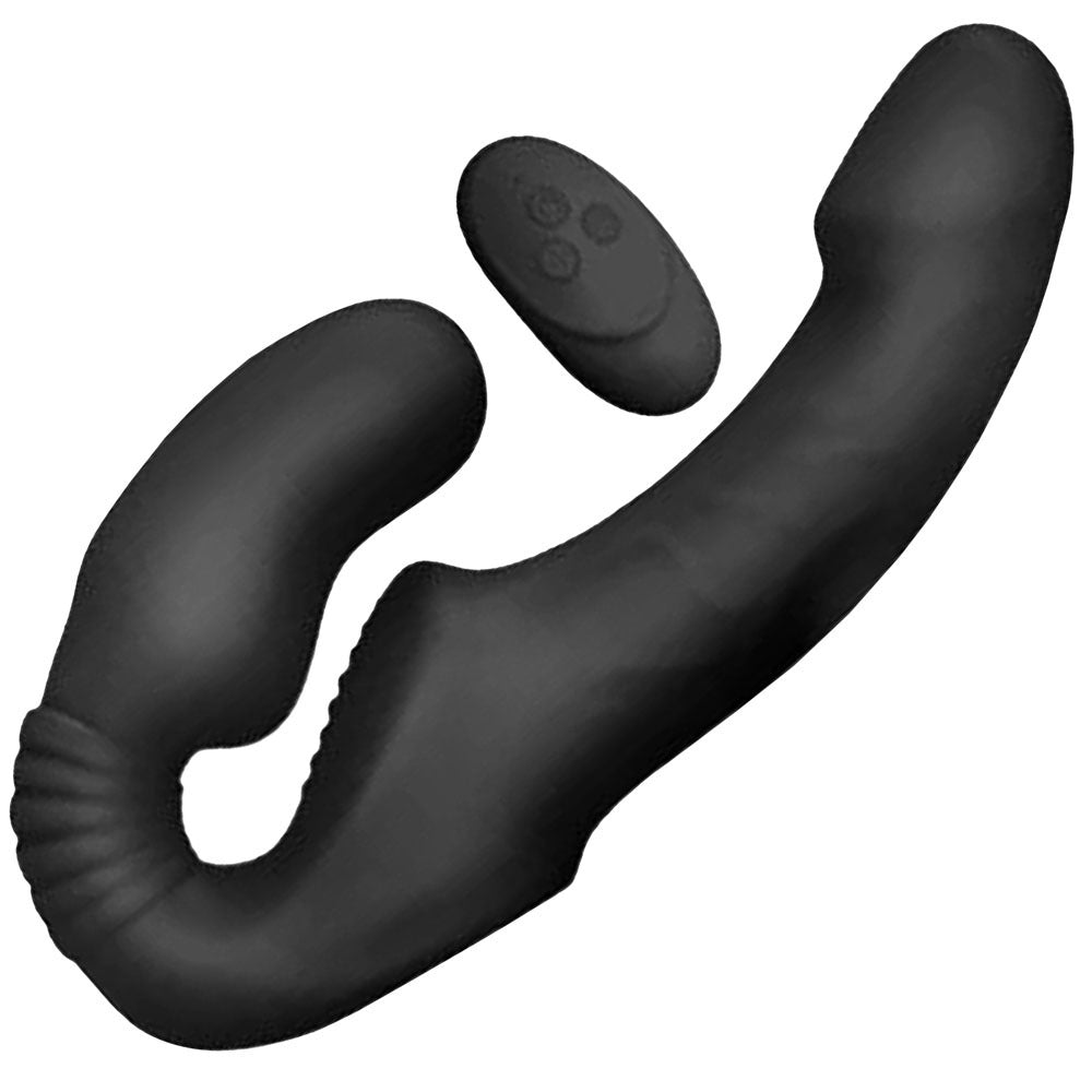 Nexus Vibes Together silicone vibrating strapless strap on double sided dildo in black, from the side, with its wireless remote 