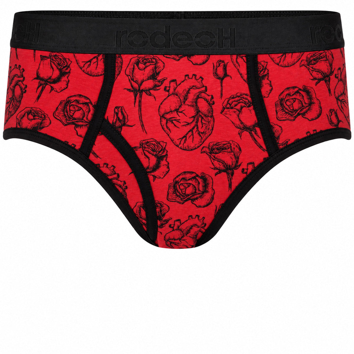 RodeoH Top Loading Brief Packer Underwear in red Hearts & Roses print: black line-drawn anatomical hearts and roses on deep red, front view