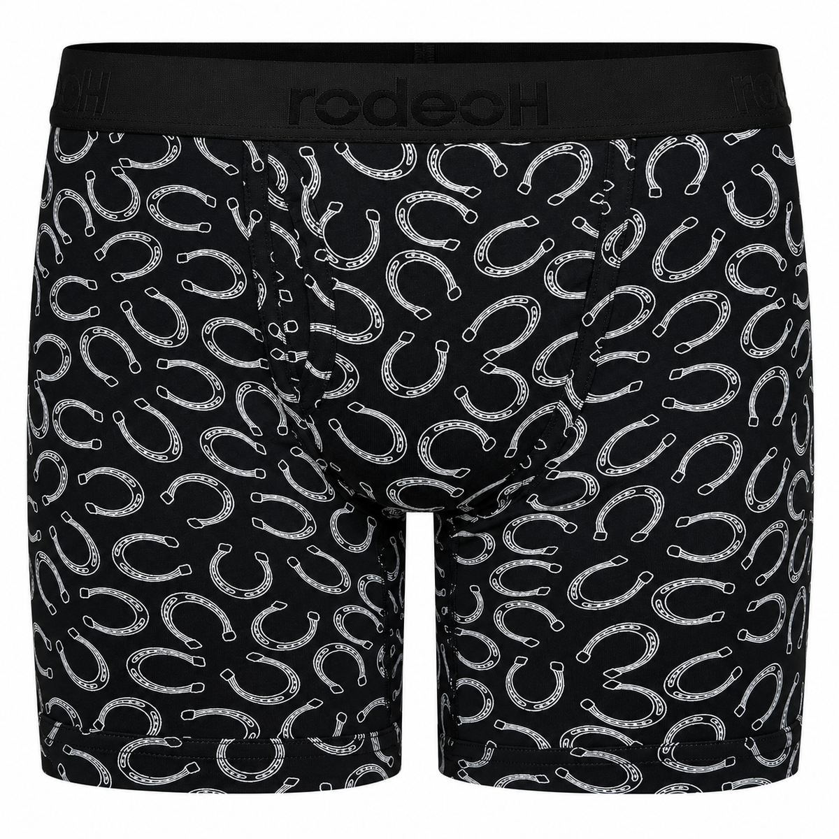 RodeoH Shift 6 inch Boxer in Lucky Horseshoes print, front view