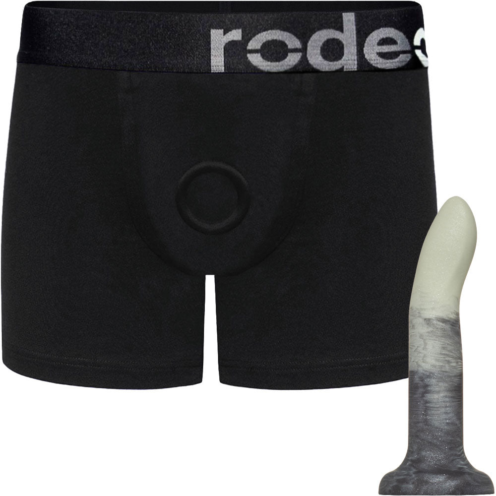Black Classic Boxer Harness from the front with Celadon Smoke show Rory silicone dildo form the side, on its suction cup base
