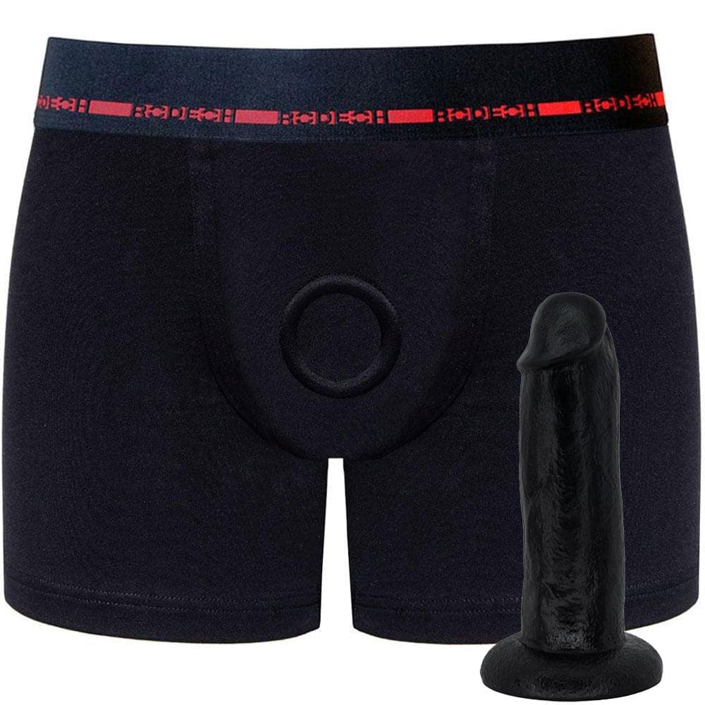 Classic Boxer+ Harness - Black & Red & 7" SoReal Posable Dildo - Black - PACKAGE DEAL