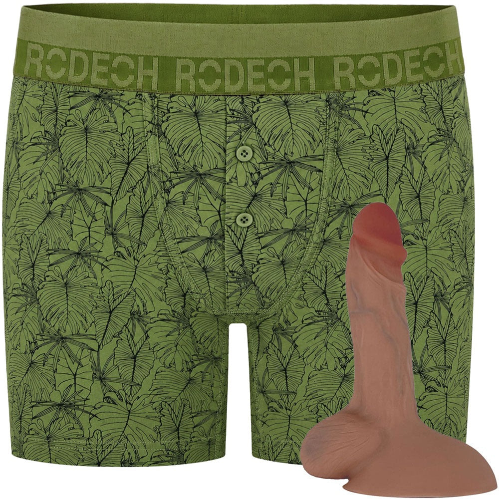 Rodeoh verdant leave green printed button fly boxer harness from the front shown with caramel flex dildo included in package deal