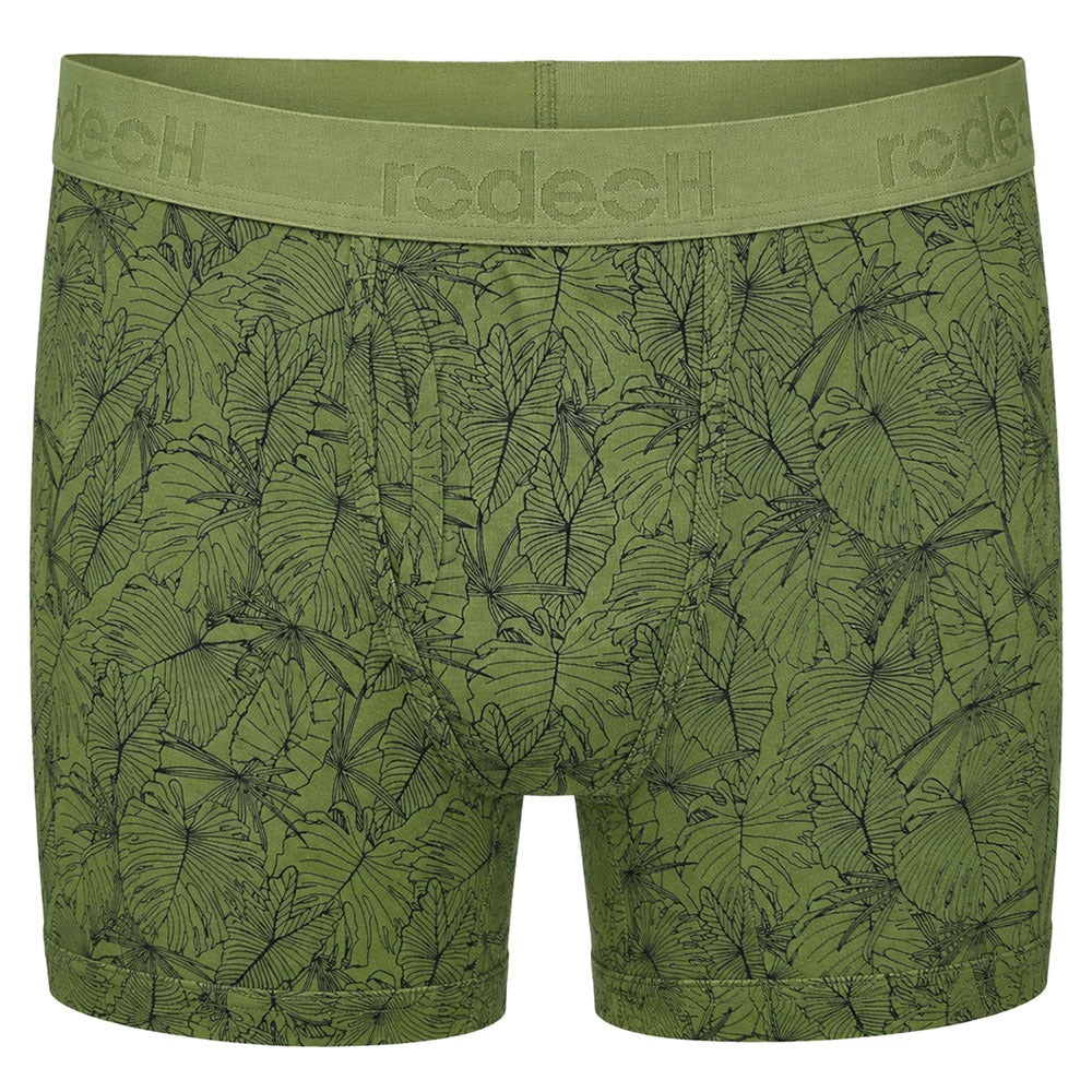 Rodeoh 6 inch inseam cotton Shift boxers from the front in green with leaf print