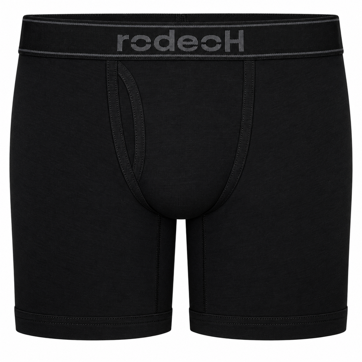 RodeoH Shift 6 inch Boxer in Black with a gray logo waistband, front view