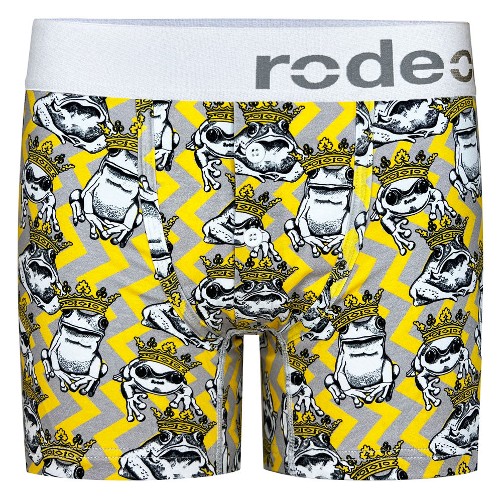 rodeoh button fly boxer harness frogs with crowns and gray and yellow zig zags