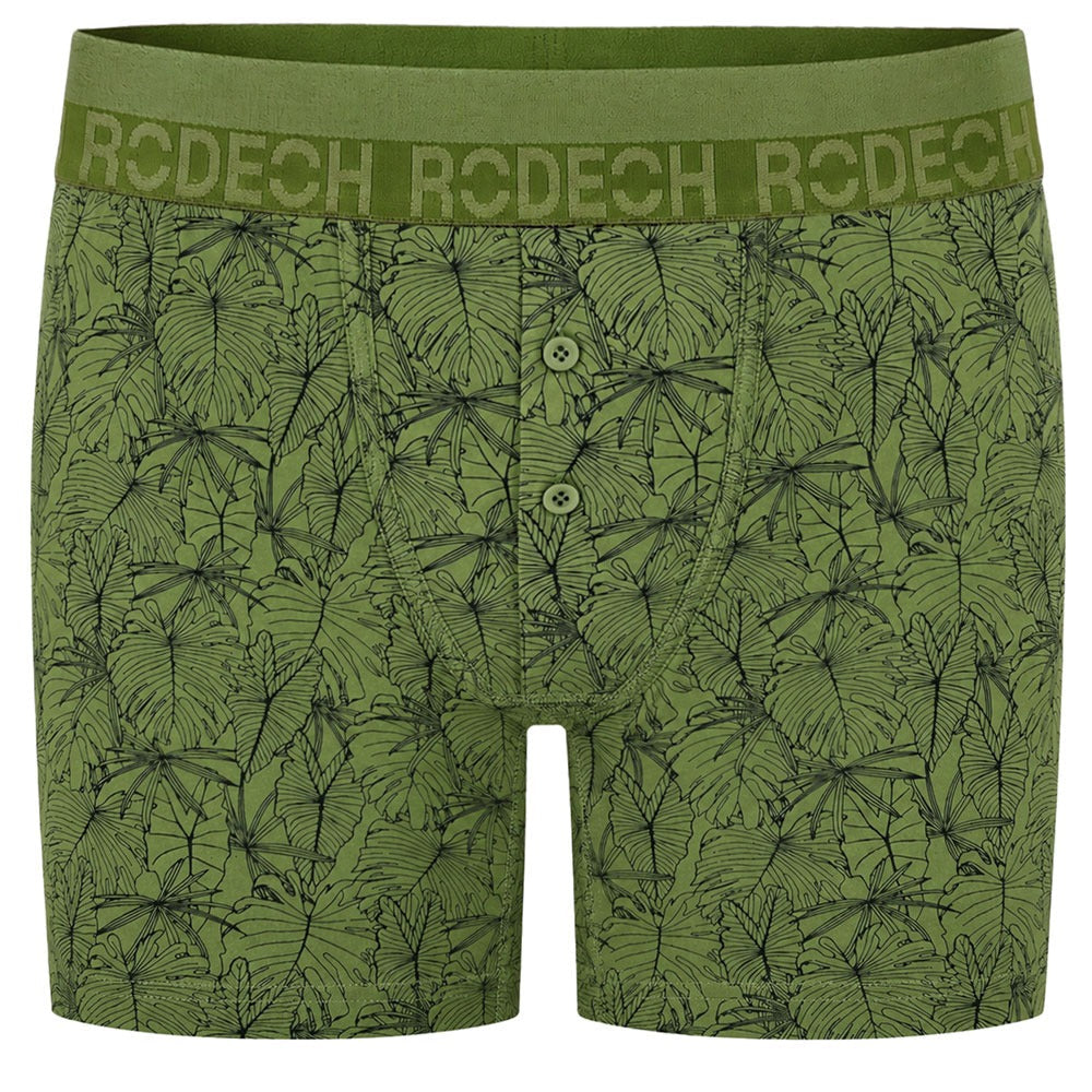 Rodeoh Button fly boxer harness from the front, in green with leaves print