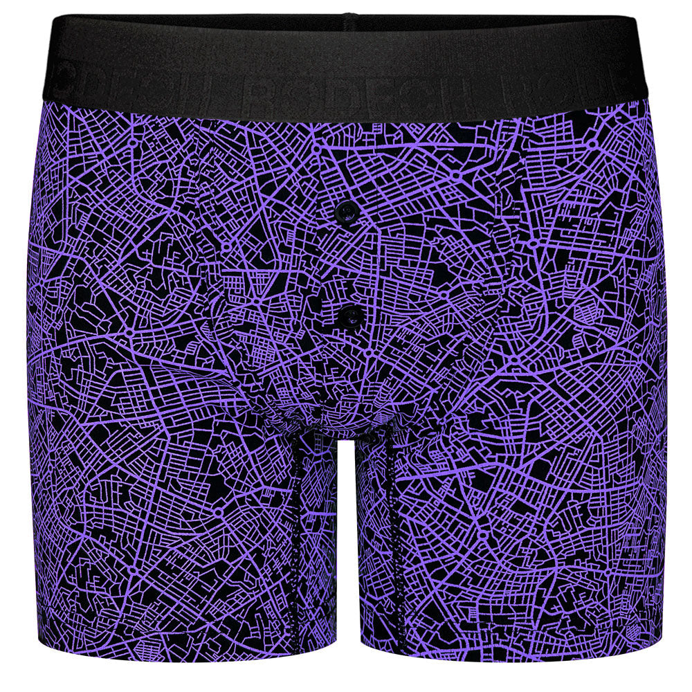 rodeoh button fly harness geometic purple and black