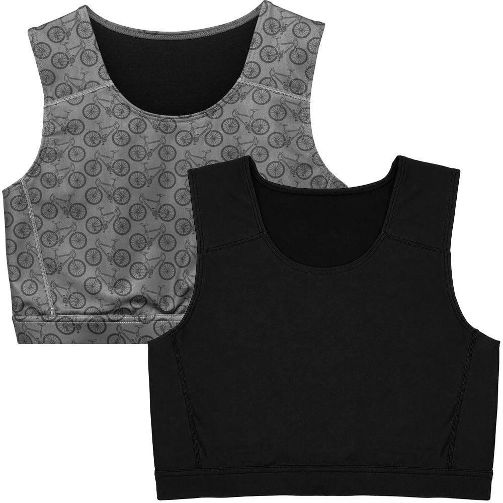 Rodeoh compression top 2 pack bicycles print and black laid flat from the front